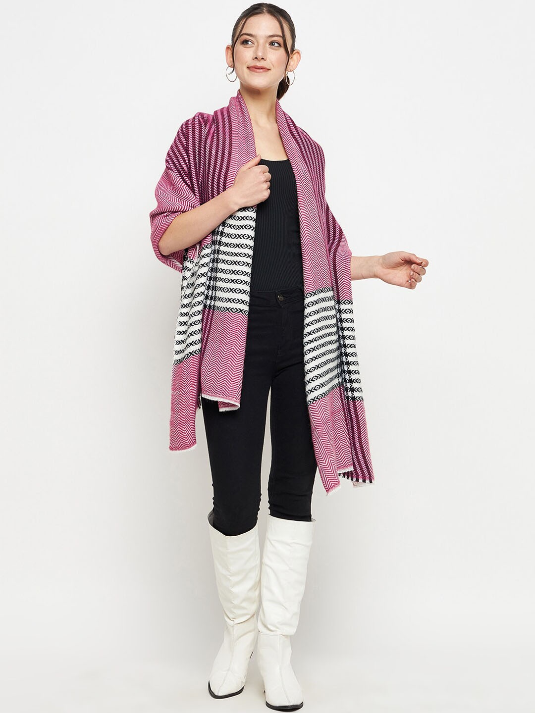 

CREATIVE LINE Striped Self Design Woollen & Acrylic Stole, Pink