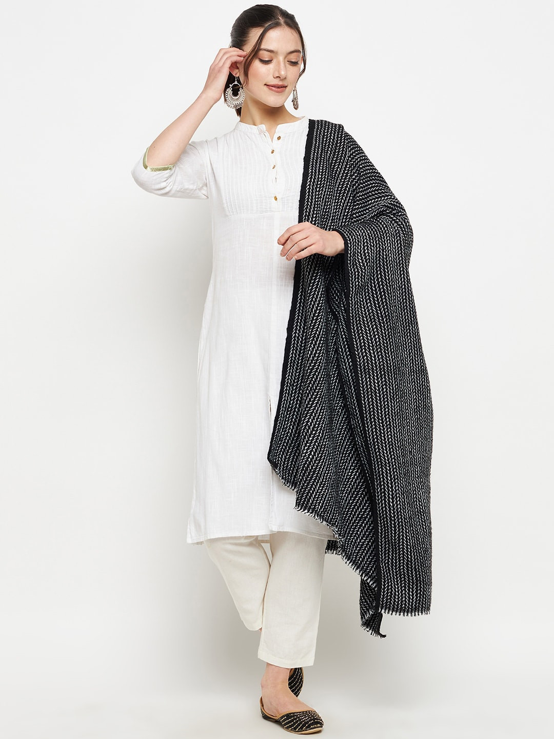 

CREATIVE LINE Striped Self Design Woollen & Acrylic Stole, Black