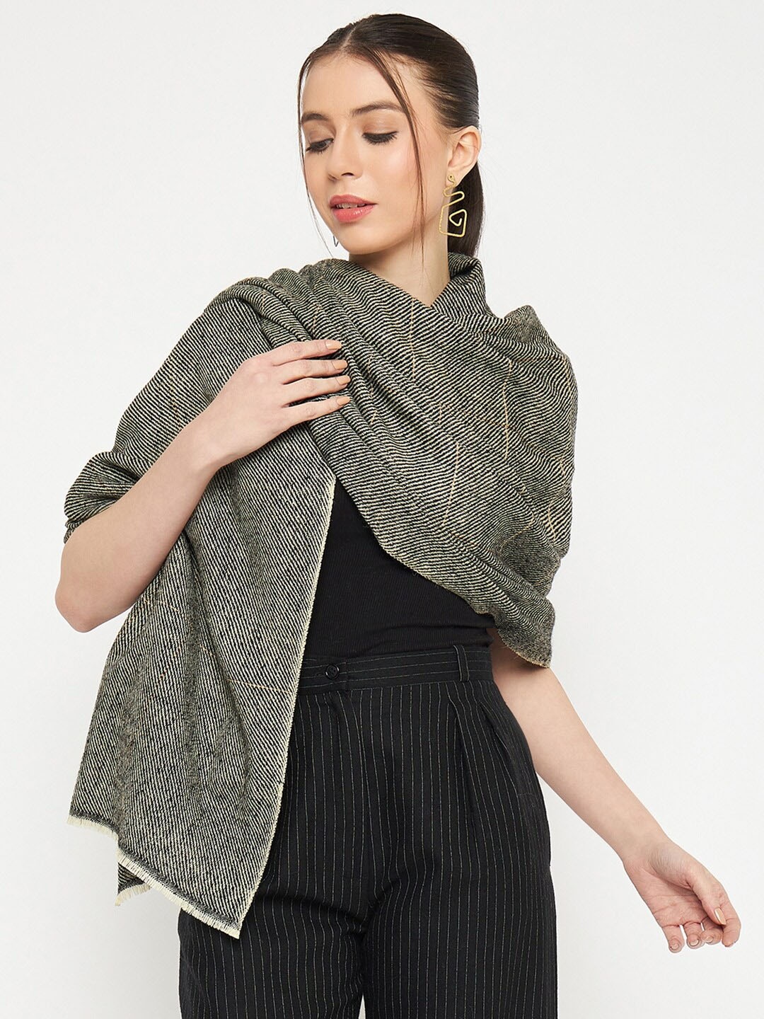 

CREATIVE LINE Striped Woollen Acrylic Stole, Olive