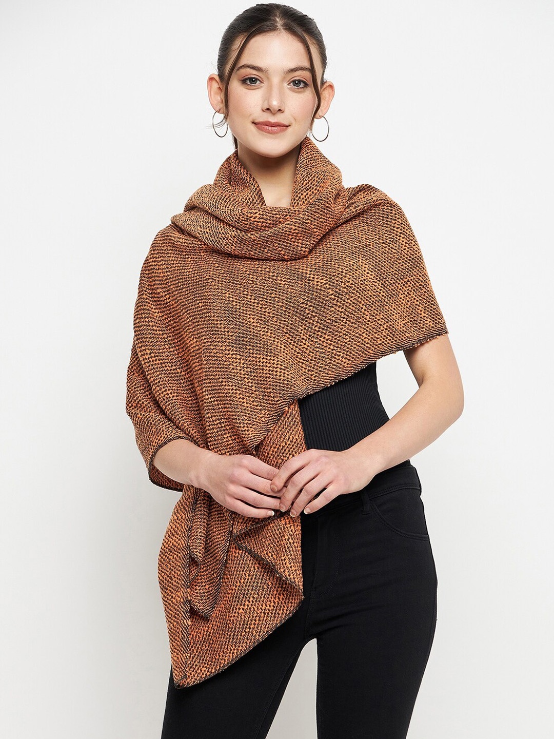 

CREATIVE LINE Women Self-Design Knitted Shawl, Orange