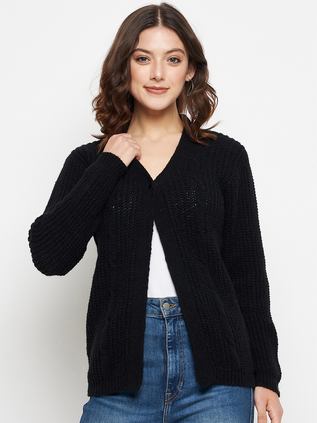 

CREATIVE LINE Cable Knit Self Design V-Neck Woollen Cardigan, Black