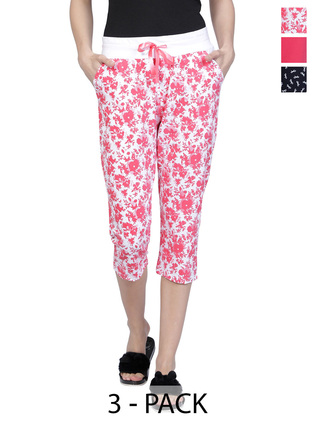 

CLUB A9 Pack of 3 Printed Pure Cotton Capris, Pink