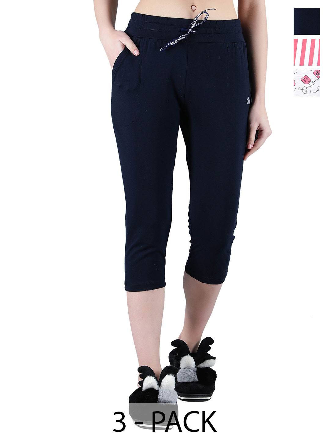 

CLUB A9 Pack of 3 Pure Cotton Capris, Navy blue