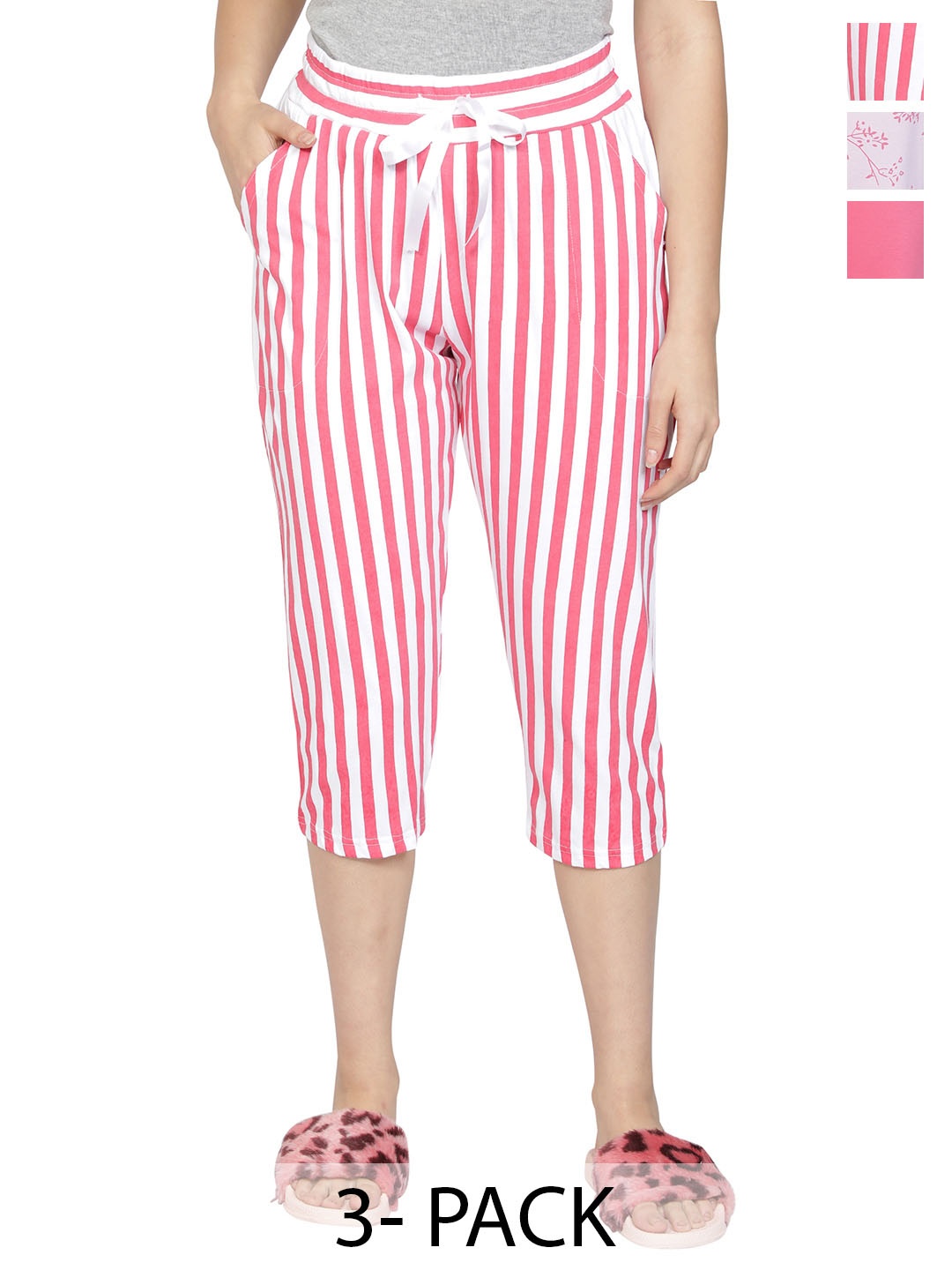 

CLUB A9 Pack of 3 Printed Pure Cotton Capris, White