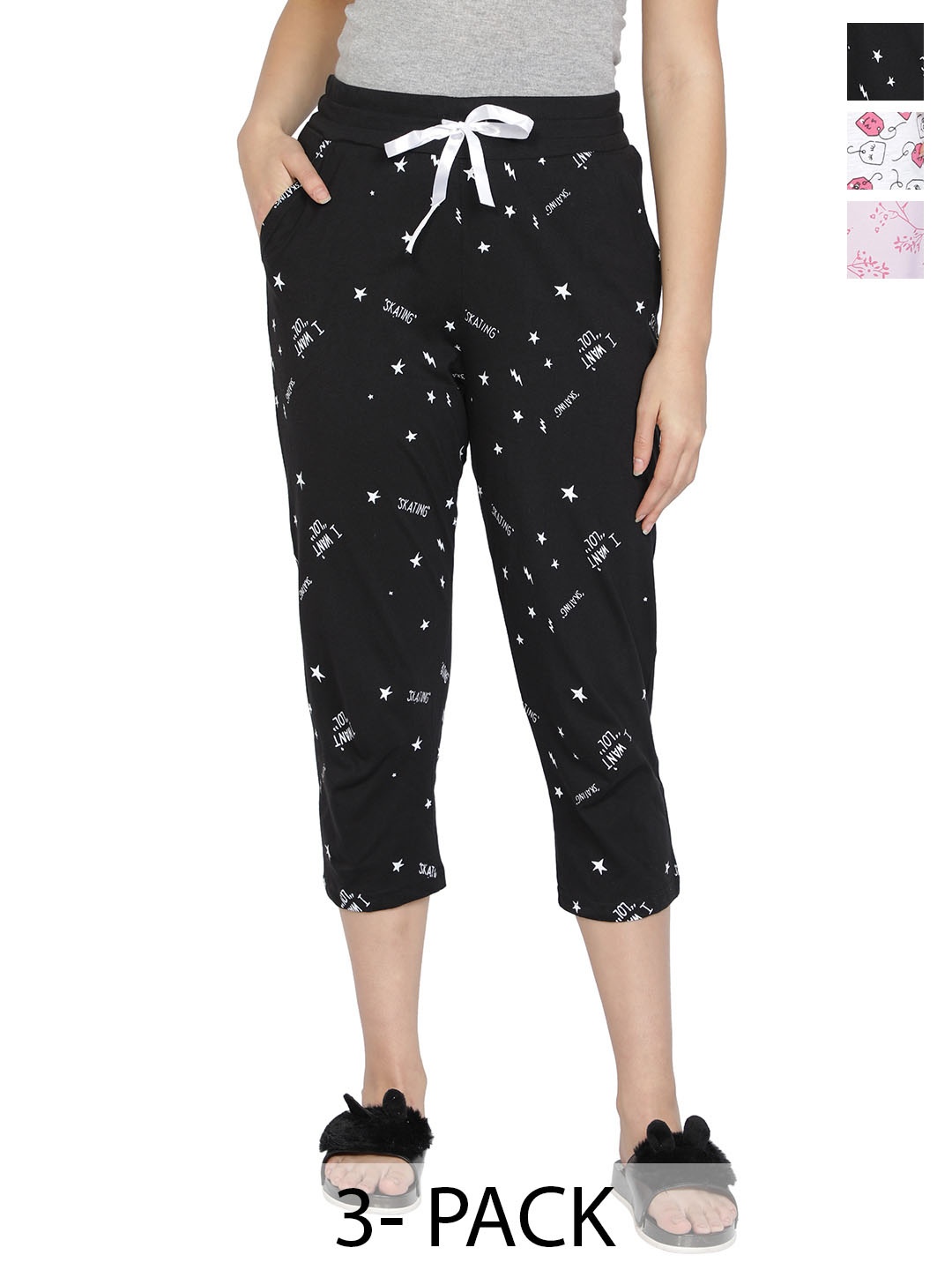 

CLUB A9 Pack of 3 Printed Pure Cotton Capris, Black