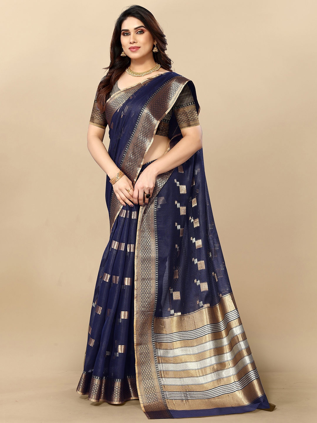 

Sidhidata Ethnic Motifs Woven Design Zari Kota Saree, Navy blue