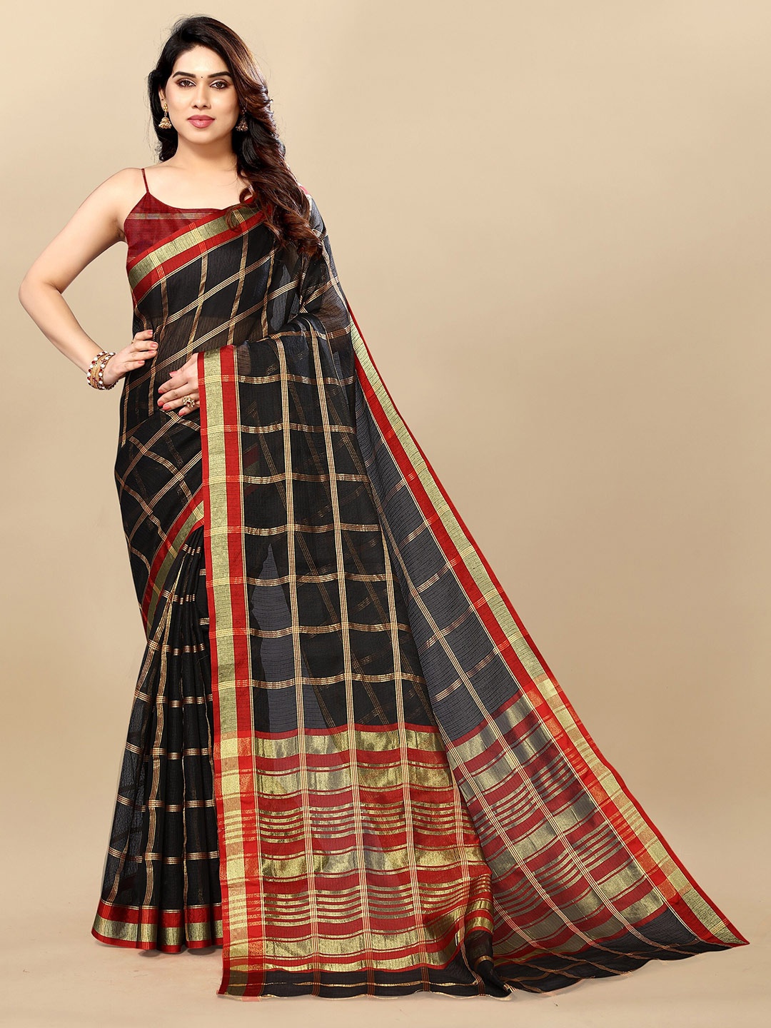 

Sidhidata Checked Woven Design Zari Kota Saree, Black