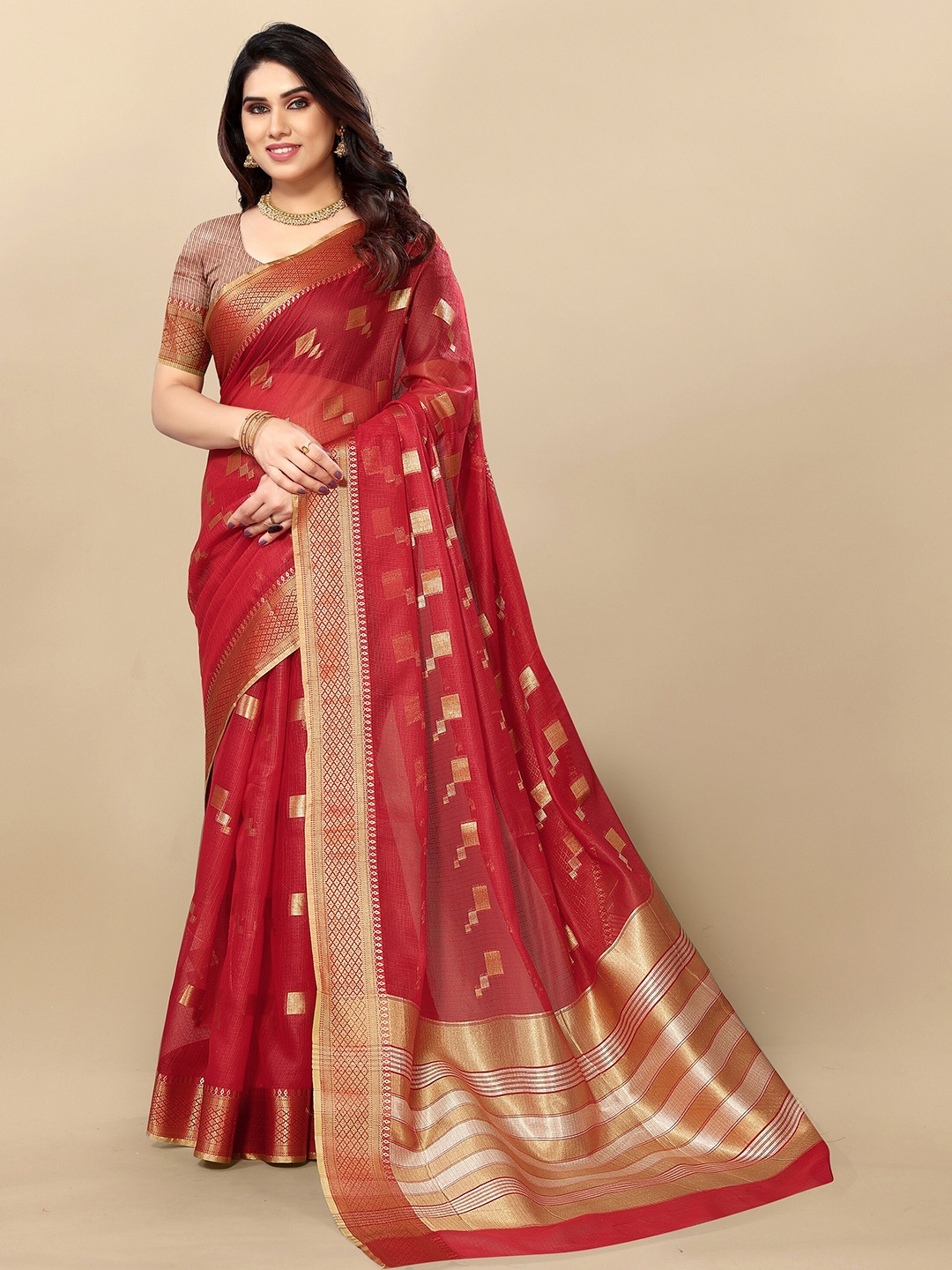 

Sidhidata Checked Woven Design Zari Kota Saree, Red