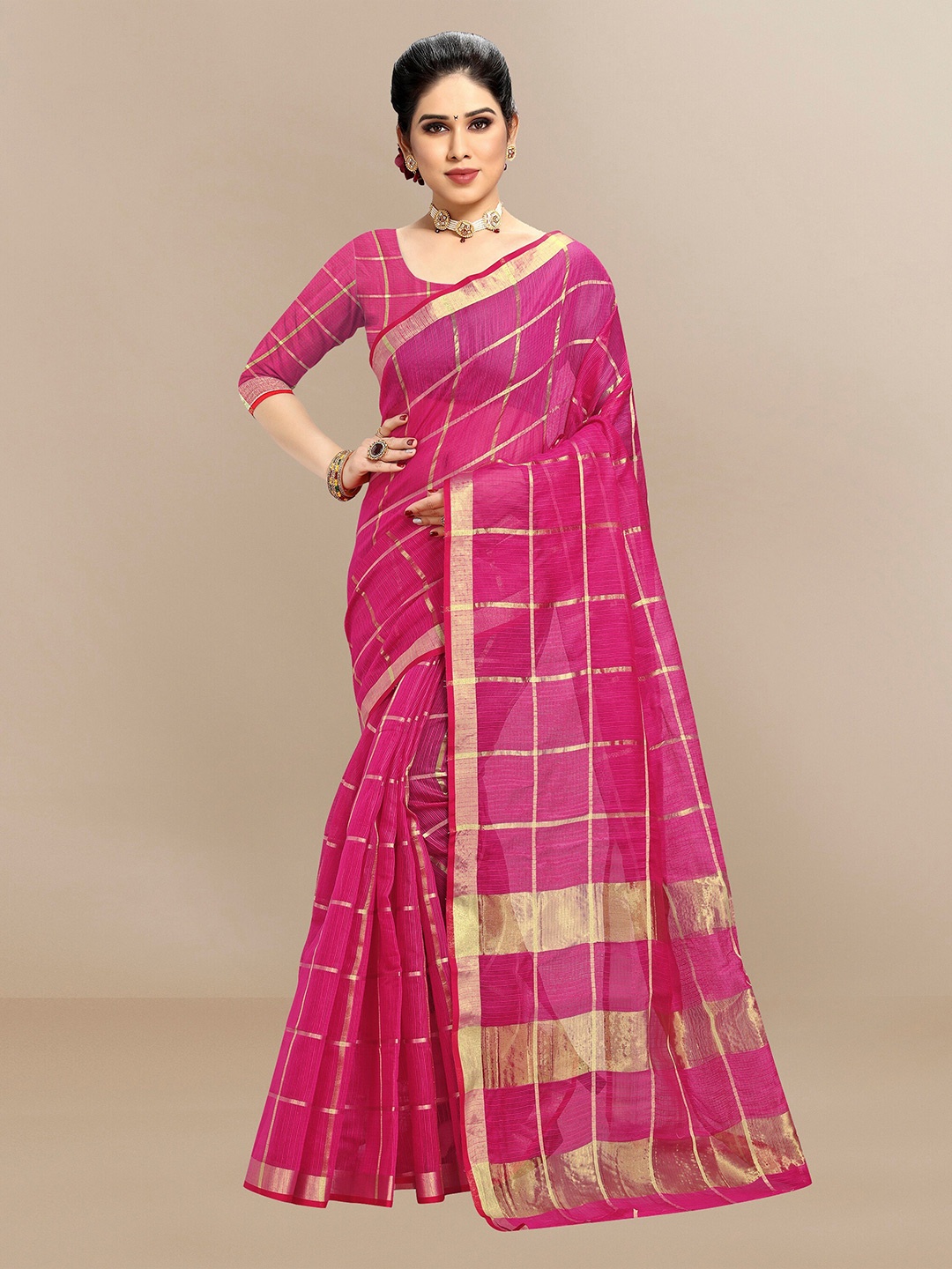 

Sidhidata Checked Woven Design Zari Kota Saree, Pink
