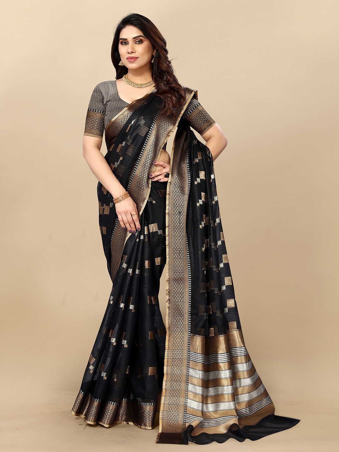 

Sidhidata Ethnic Motif Woven Design Zari Kota Saree, Black