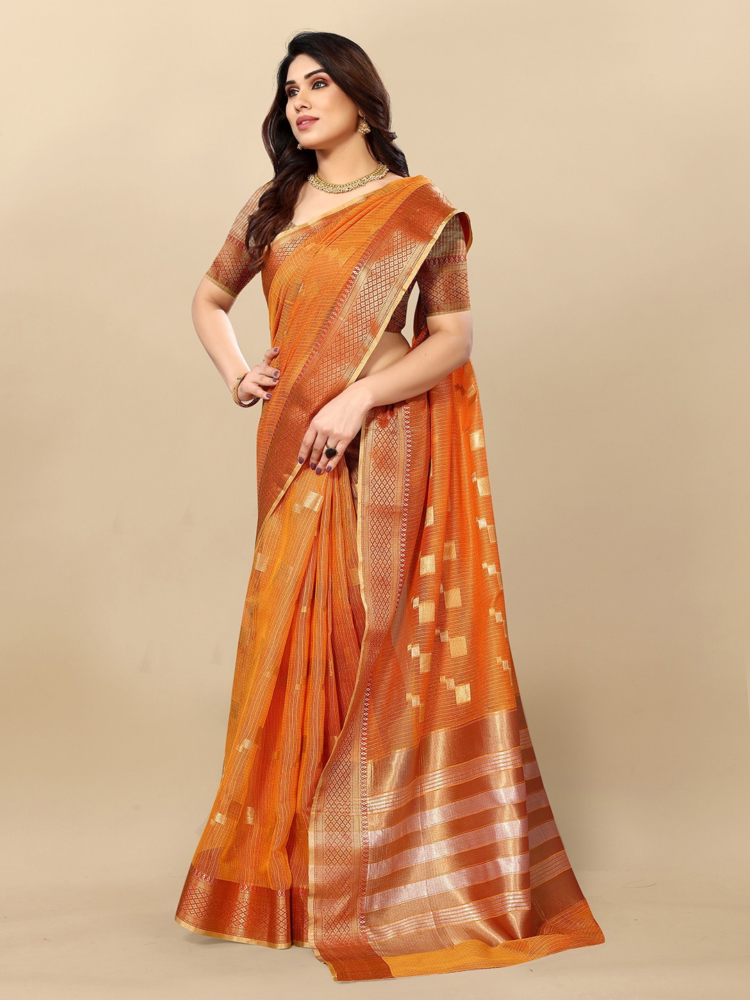 

Sidhidata Ethnic Motifs Woven Design Zari Kota Saree, Orange