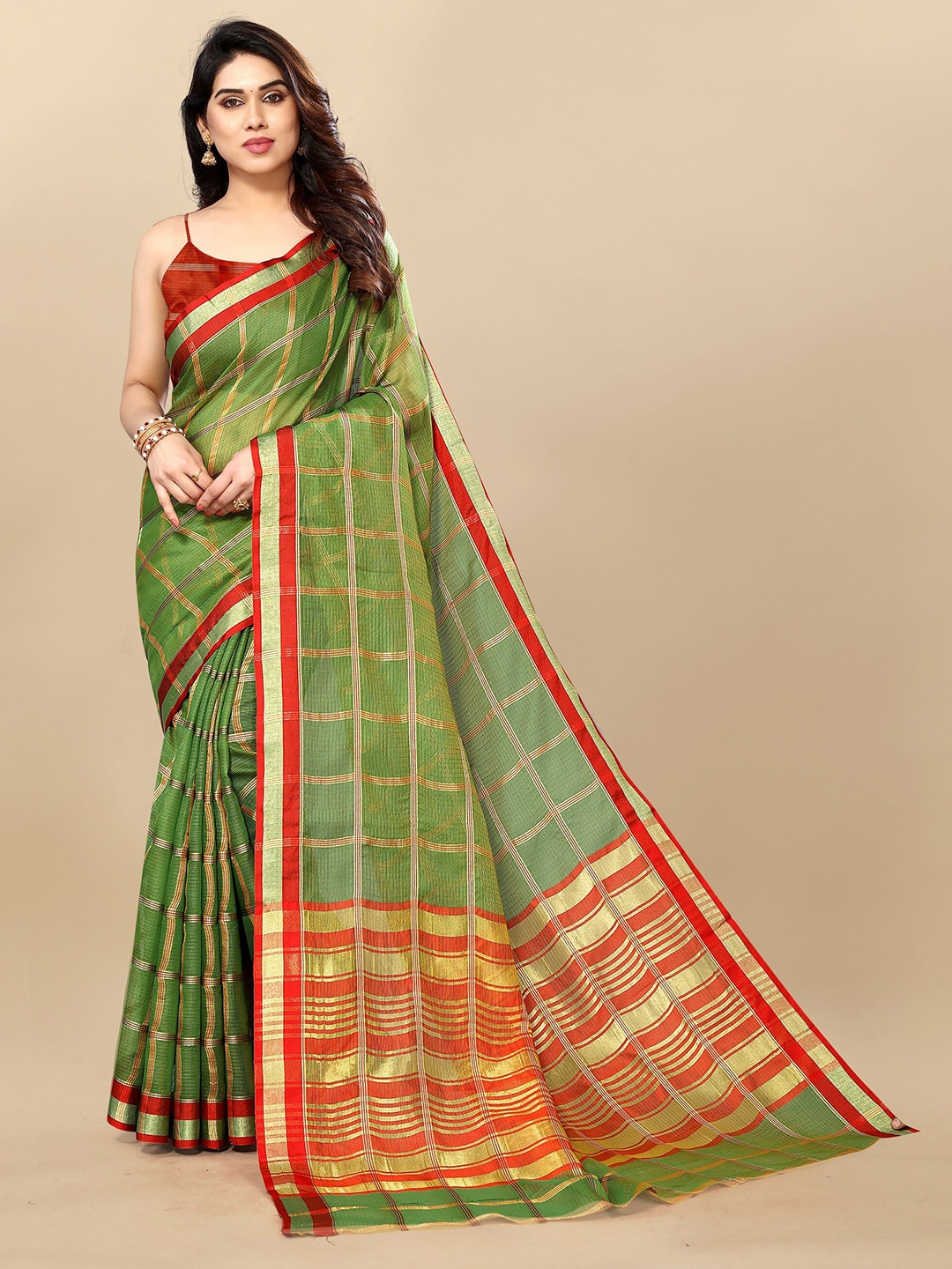 

Sidhidata Checked Woven Design Zari Kota Saree, Green