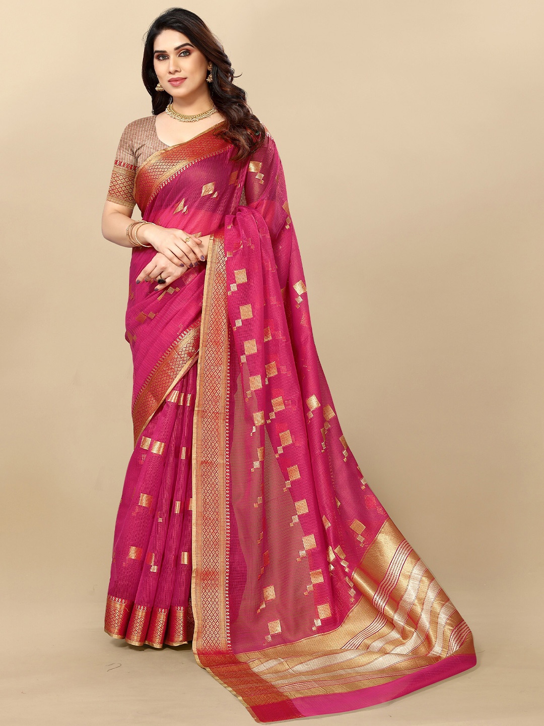 

Sidhidata Ethnic Motifs Woven Design Zari Kota Saree, Pink