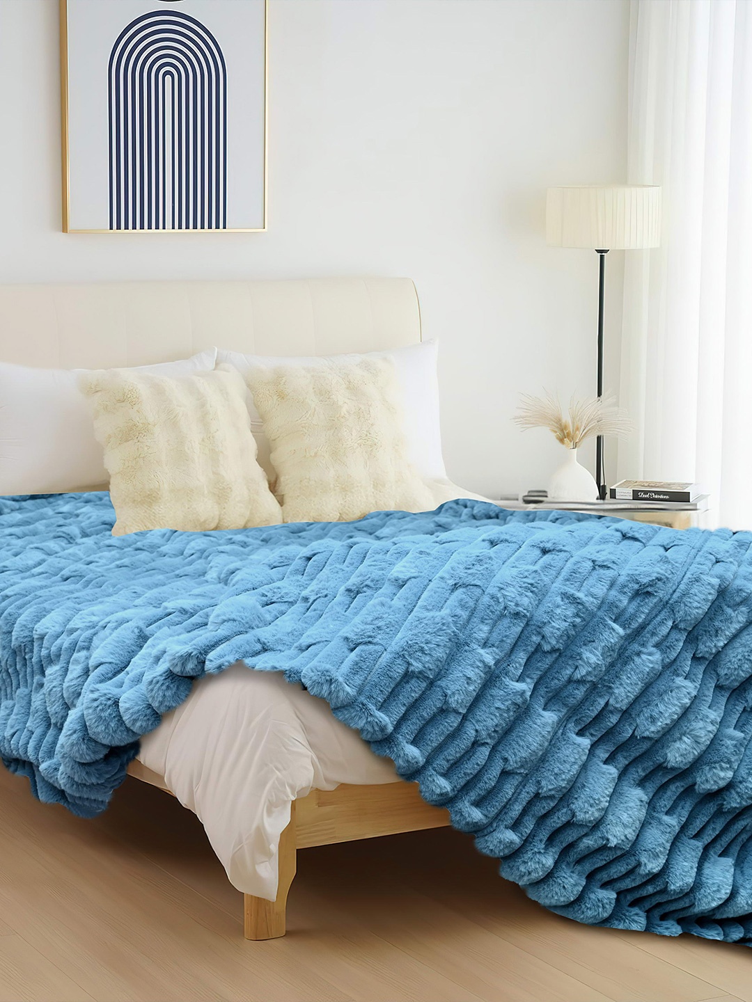 

Cortina Blue Self Design Fur AC Room Single Bed Blanket