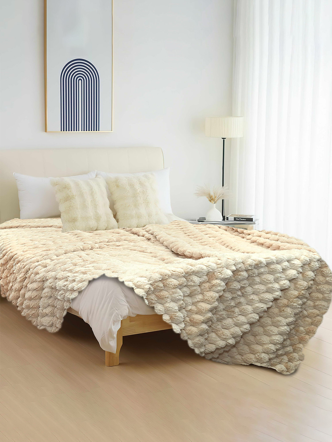 

Cortina Beige AC Room Rabbit Fur Throw Single Bed Blanket
