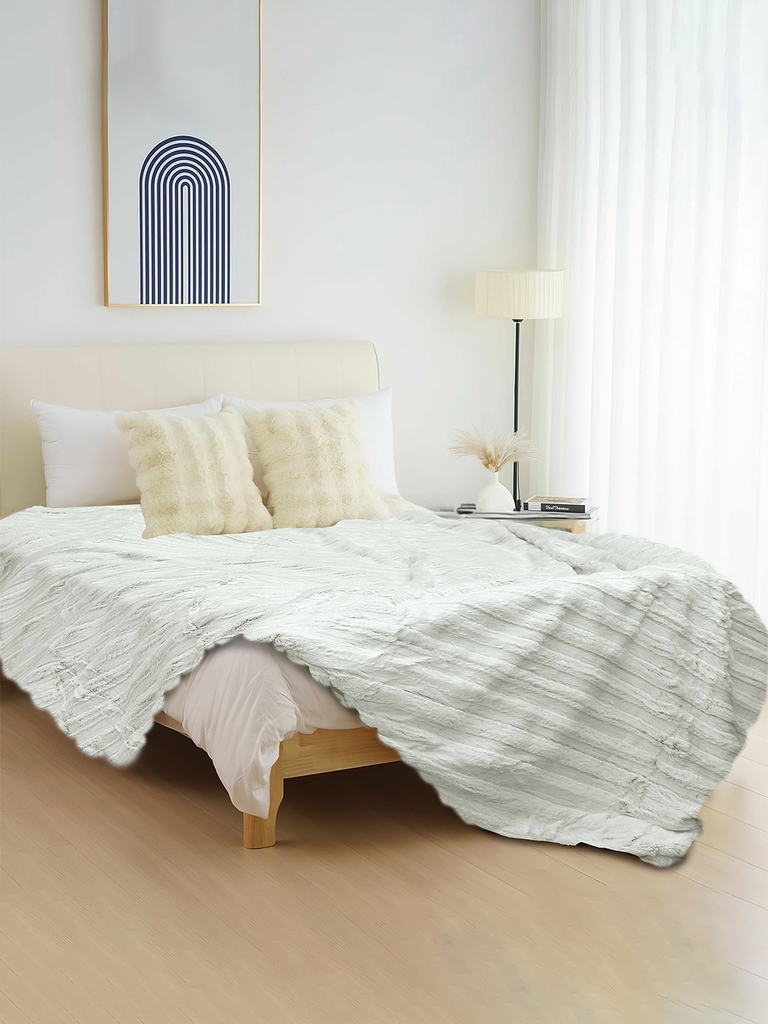 

Cortina Grey Striped AC Room Rabbit Fur Throw Single Bed Blanket