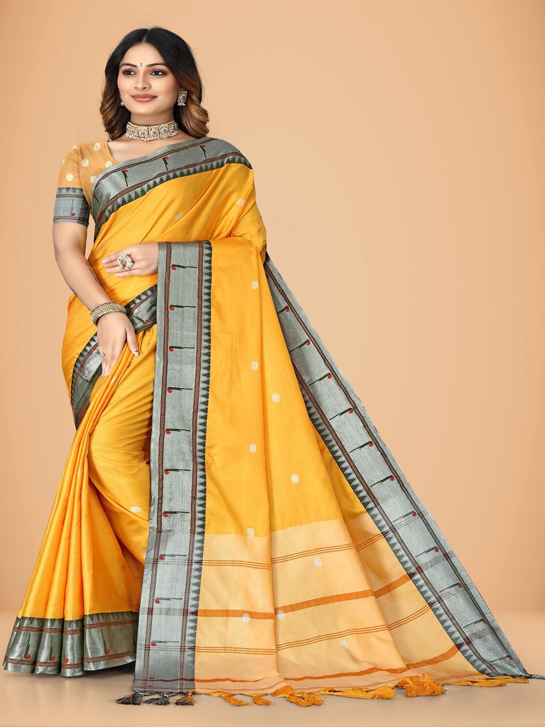 

MAHAMANTRA Polka Dot Woven Design Zari Silk Cotton Banarasi Saree, Yellow