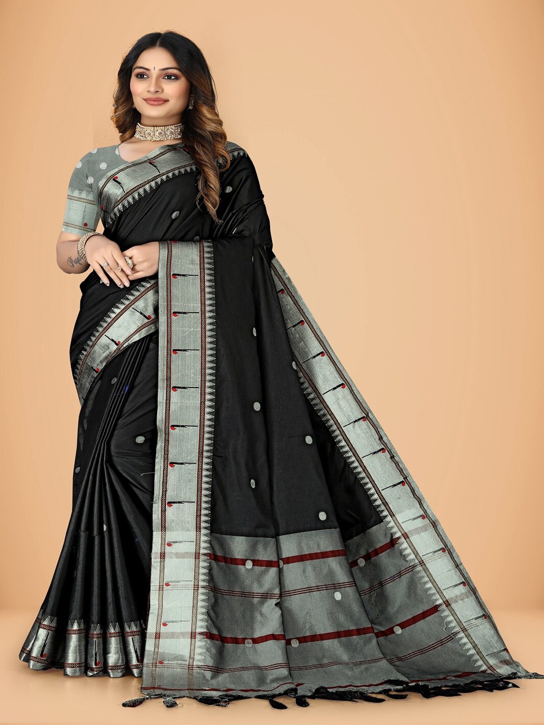 

MAHAMANTRA Polka Dot Woven Design Zari Silk Cotton Banarasi Saree, Black