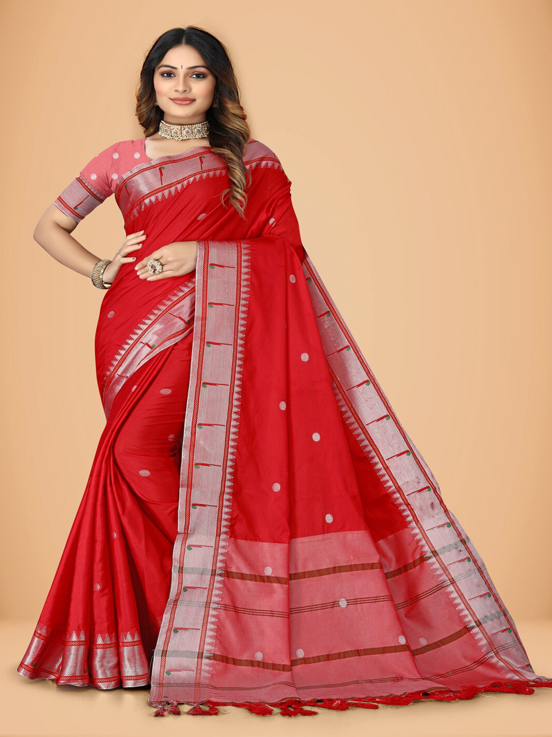 

MAHAMANTRA Polka Dot Woven Design Zari Silk Cotton Banarasi Saree, Red
