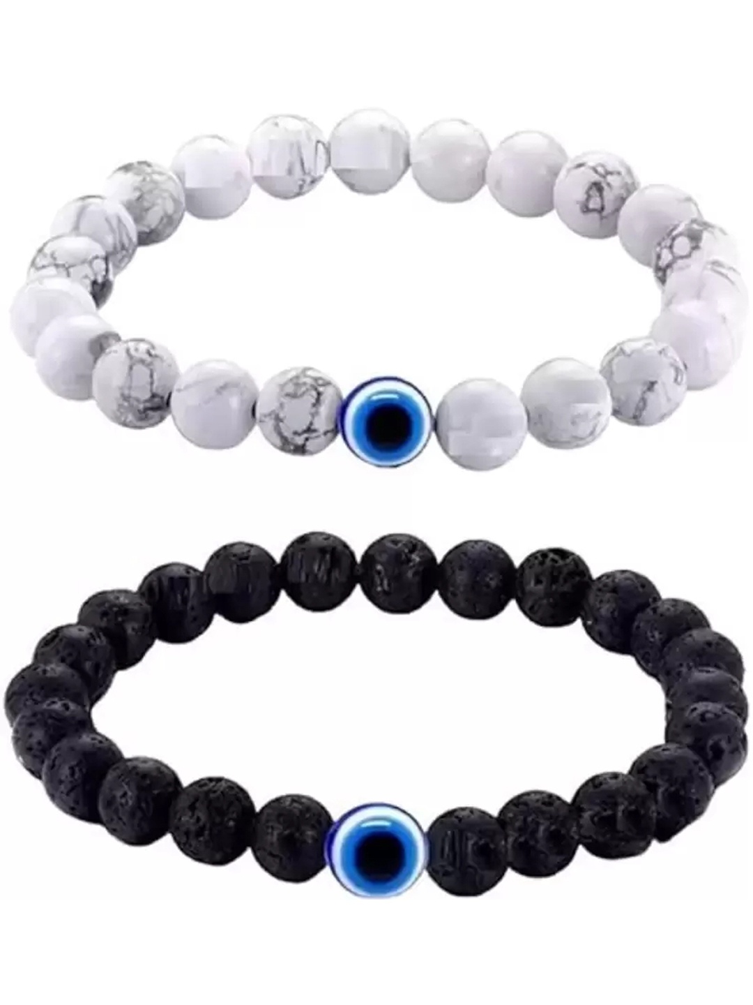 

KARISHMA KREATIONS Unisex Set Of 2 Beaded Evil Eye Elasticated Bracelet, White