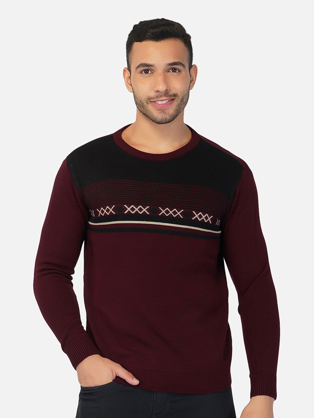 

INVICTUS Geometric Self Design Acrylic Pullover, Maroon