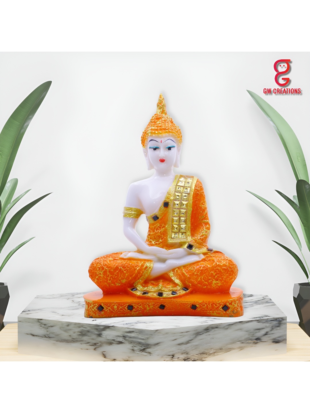 

GW CREATIONS White & Orange Buddha Marble Idol Showpiece