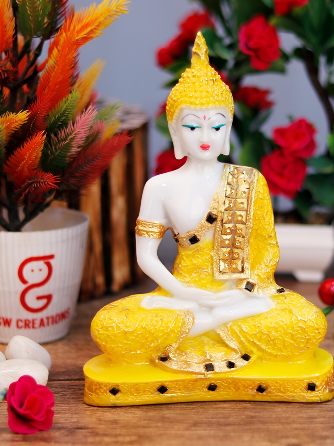 

GW CREATIONS Yellow & Gold-Toned Marble Medium Buddha Idol Showpiece