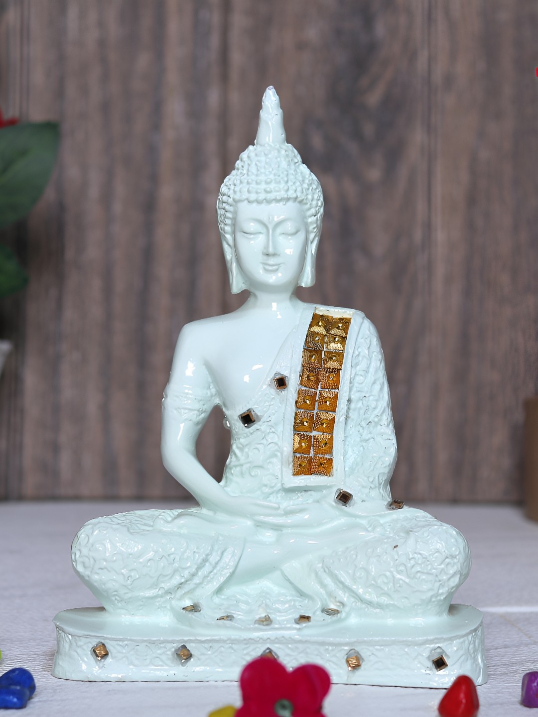 

GW CREATIONS Light Green & Gold-Toned Marble Medium Buddha Idol Showpiece