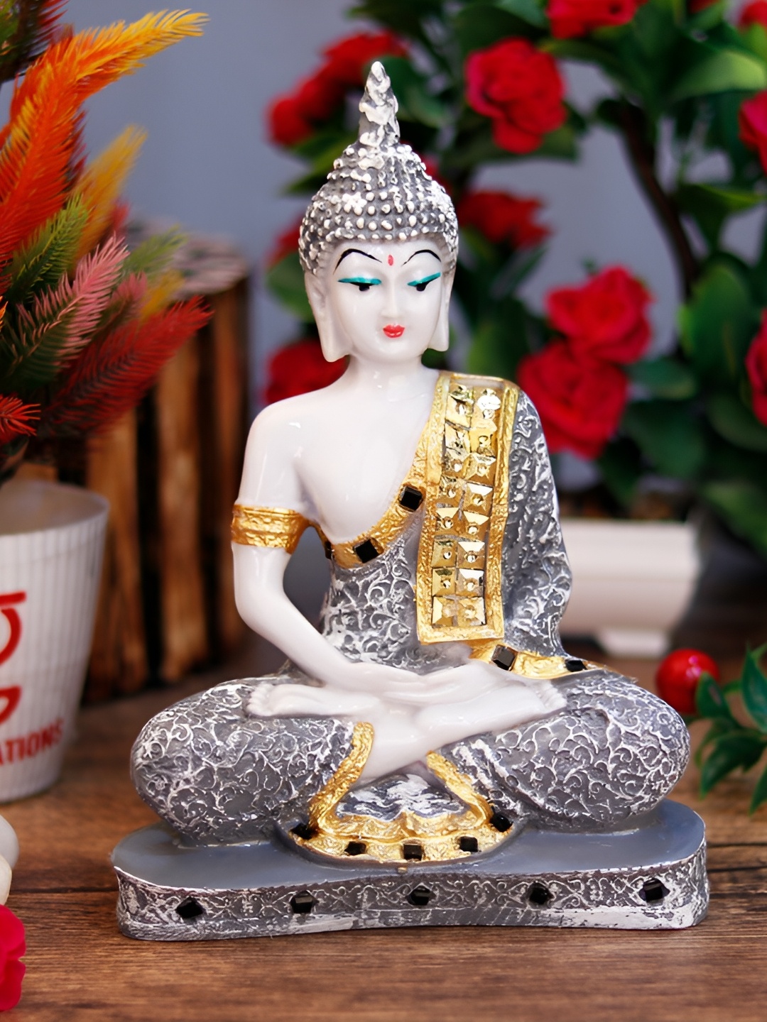 

GW CREATIONS Grey & White Buddha Polyresin Idol Showpiece