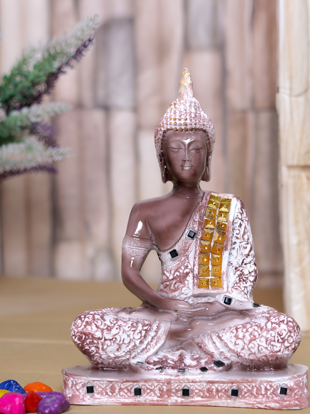 

GW CREATIONS Brown & Gold-Toned Marble Medium Buddha Idol Showpiece