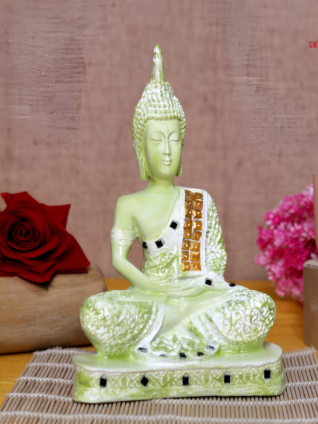 

GW CREATIONS Green & White Buddha Polyresin Idol Showpiece