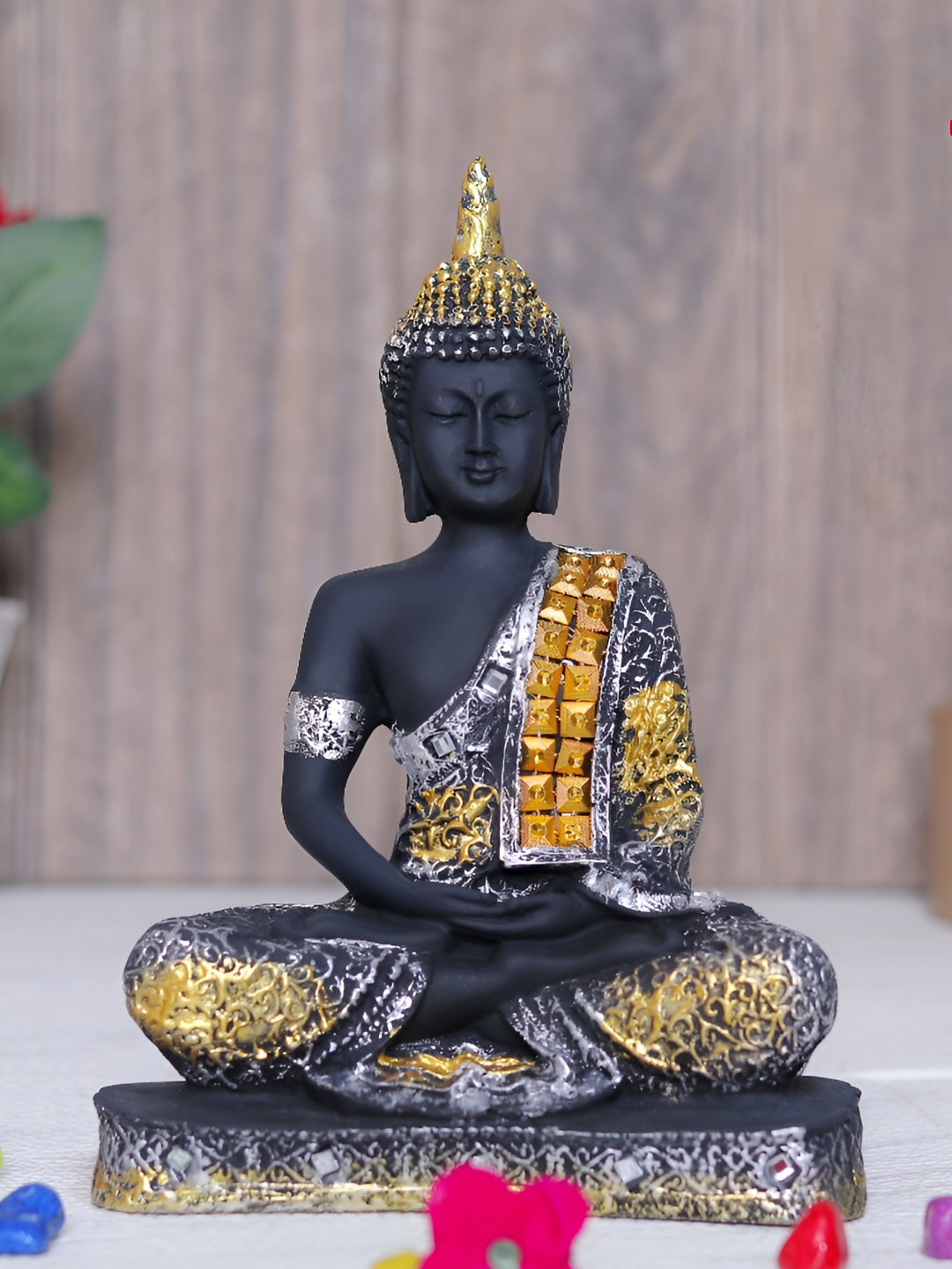 

GW CREATIONS Silver Toned & Black Buddha Marble Idol Showpiece