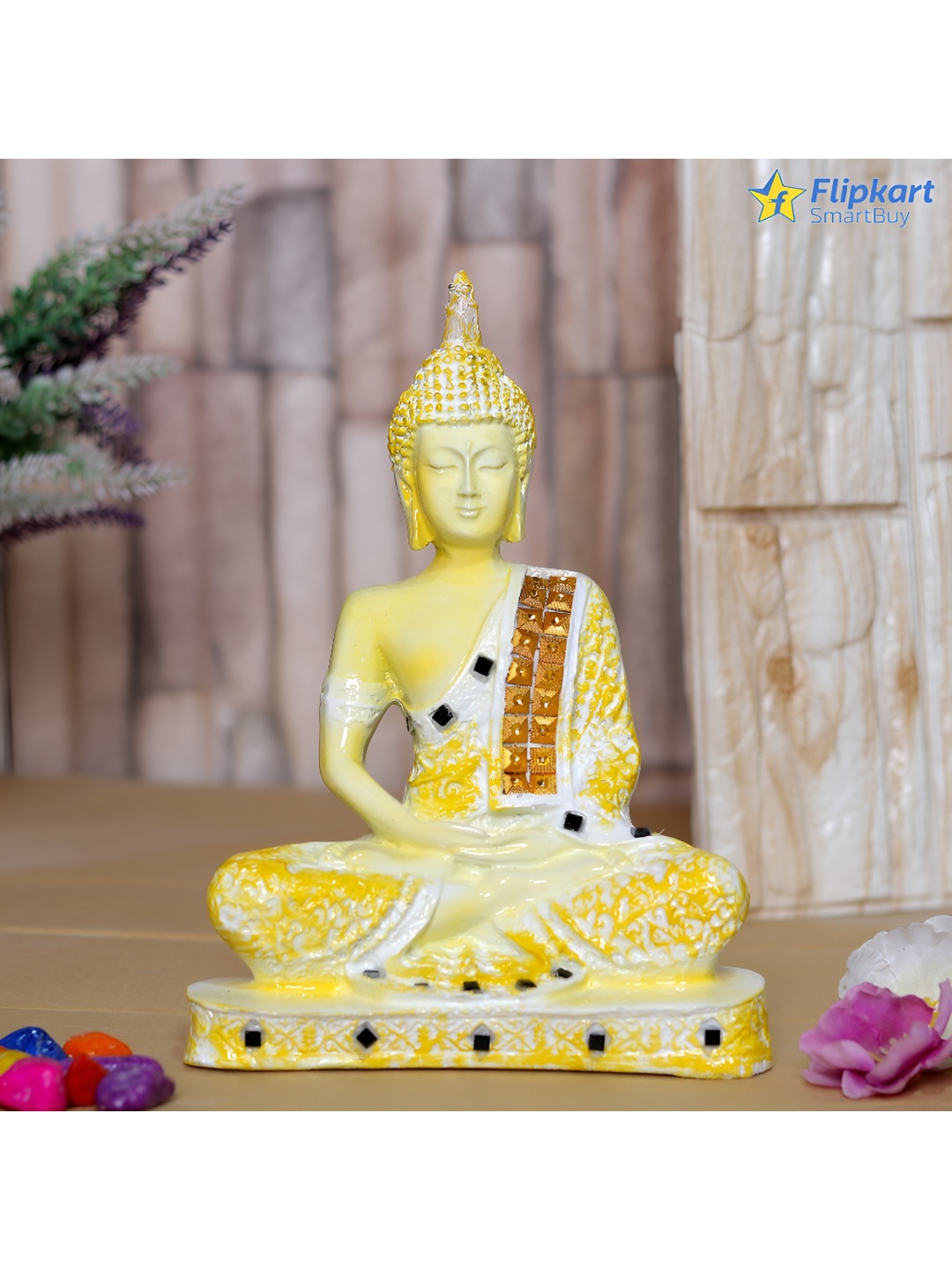 

GW CREATIONS Yellow Marble Buddha Idol Showpiece