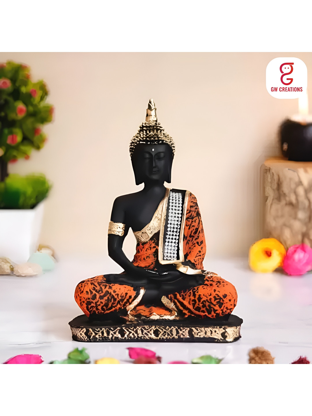 

GW CREATIONS Black & Orange Marble Buddha Idol Showpiece