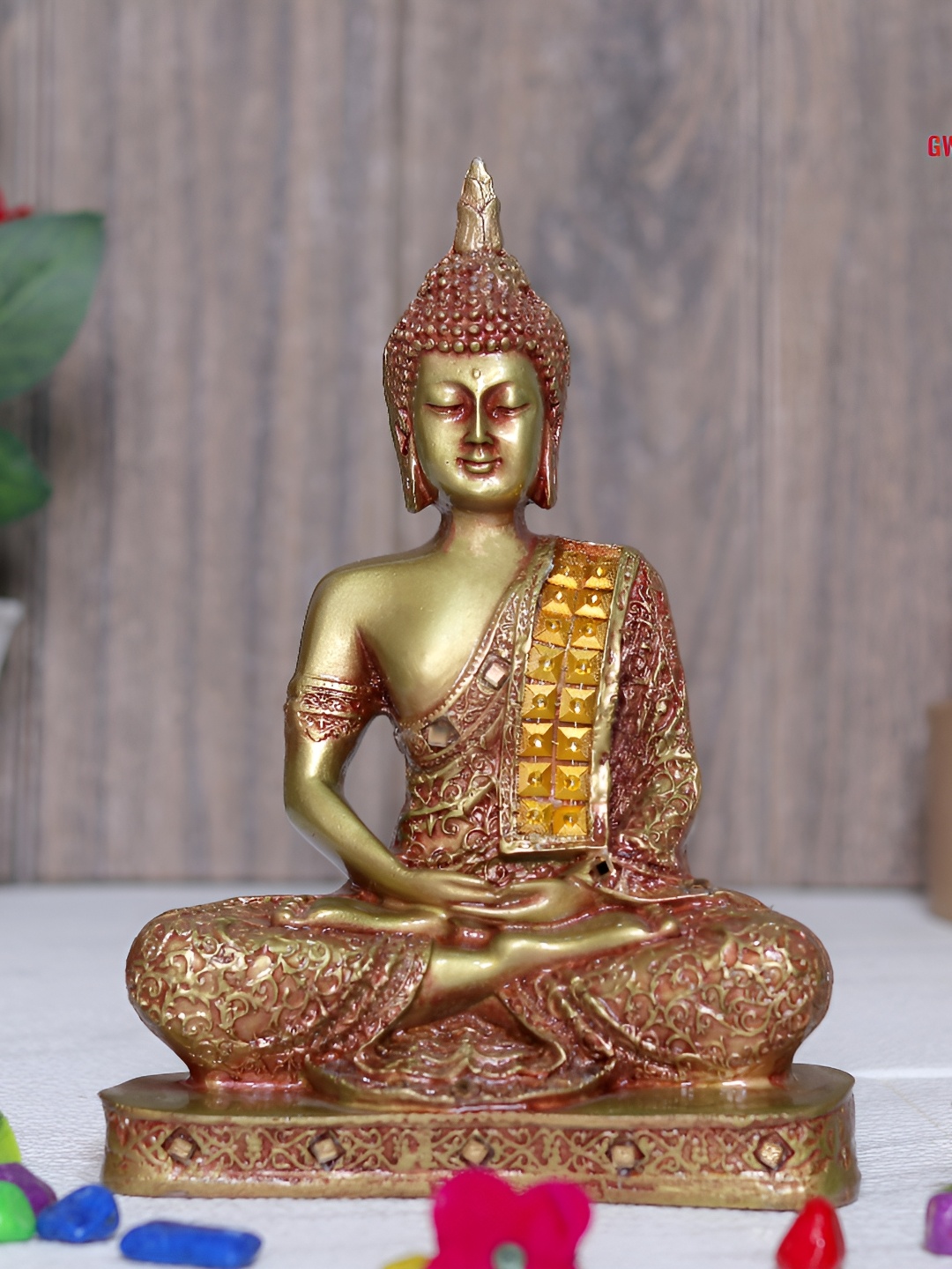 

GW CREATIONS Gold Toned & Red Marble Buddha Idol Showpiece