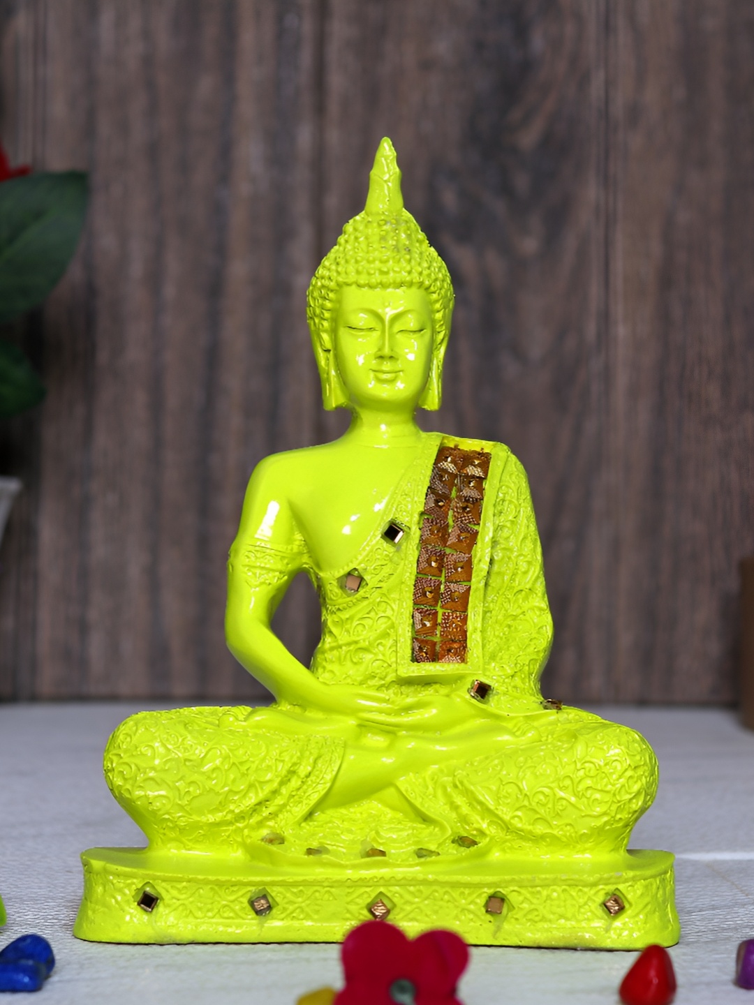 

GW CREATIONS Green & Gold toned Buddha Polyresin Idol Showpiece