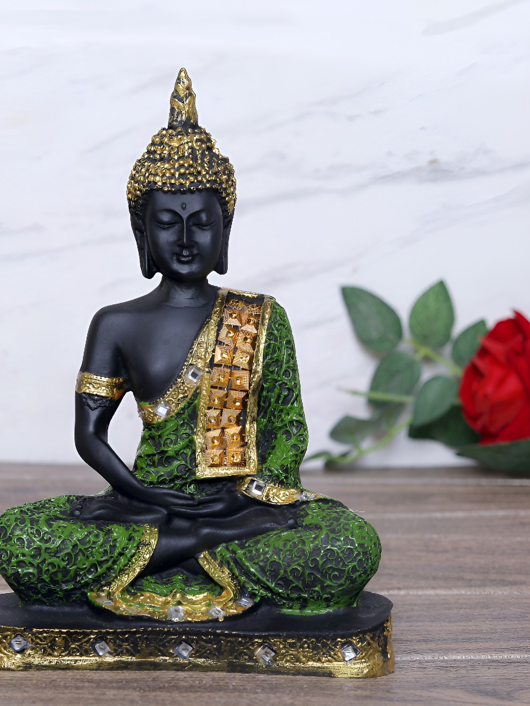 

GW CREATIONS Green & Black Buddha Marble Idol Showpiece