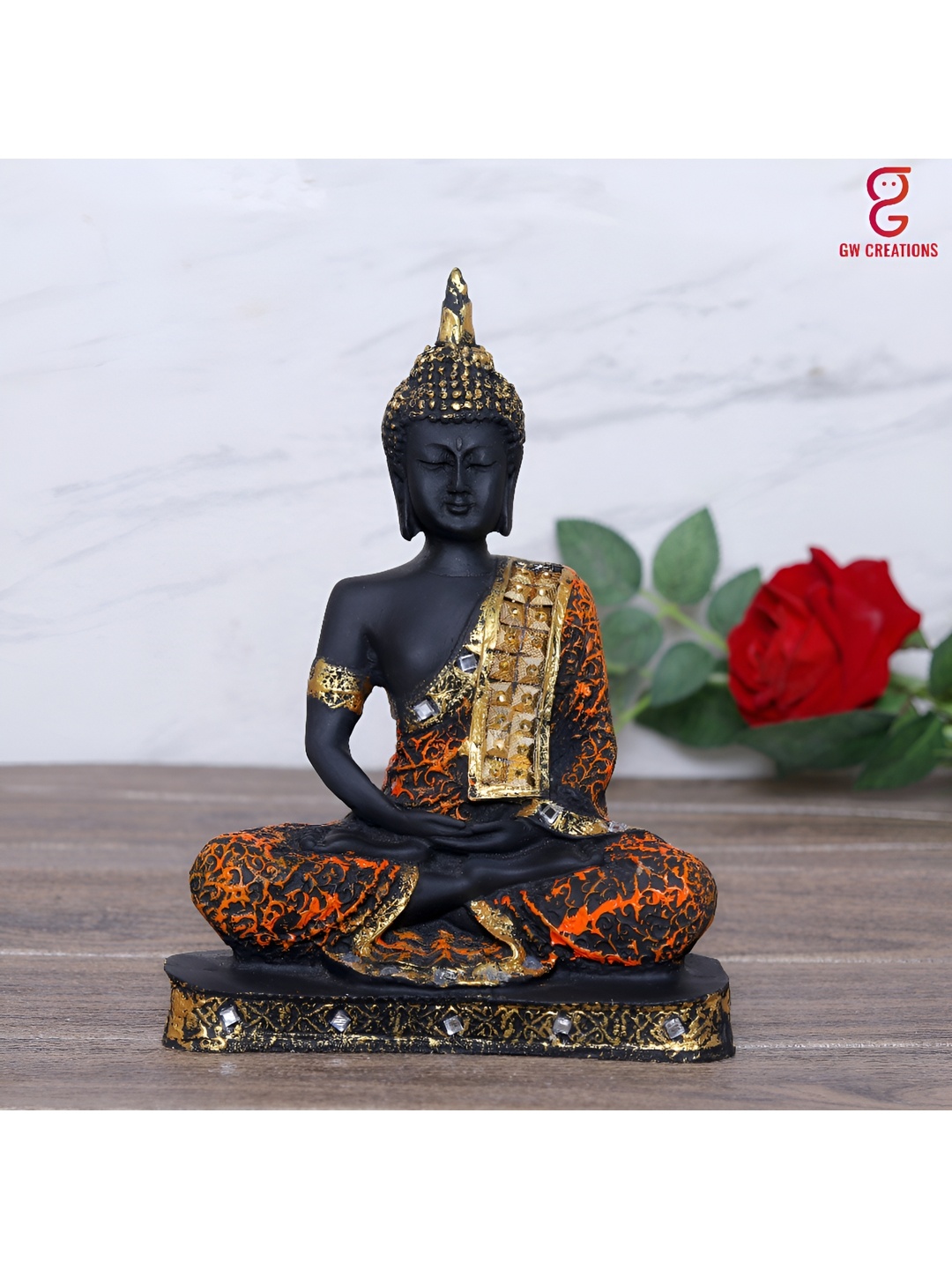 

GW CREATIONS Black & Orange Buddha Marble Idol Showpiece