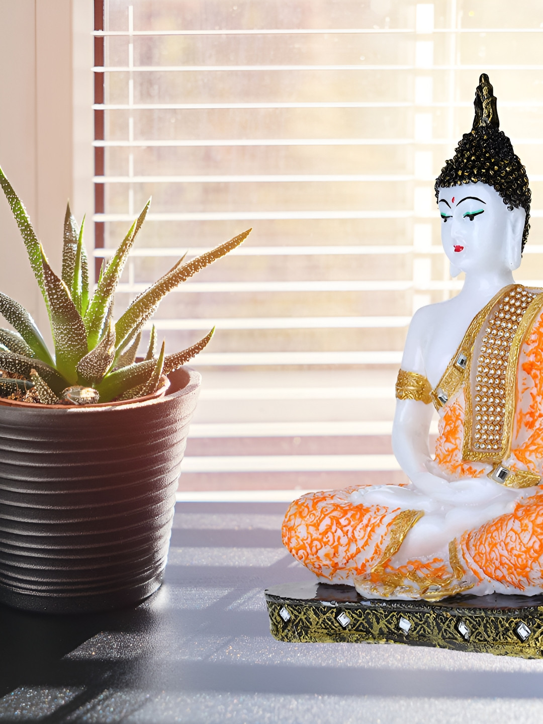 

GW CREATIONS White & Orange Buddha Marble Idol Showpiece