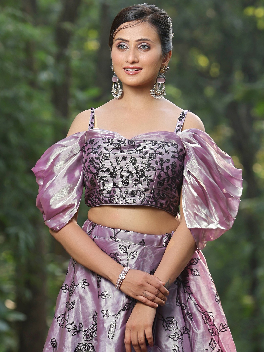 

Ethnovog Embroidered Tissue Organza Sequinned Ready To Wear Saree Blouse, Purple