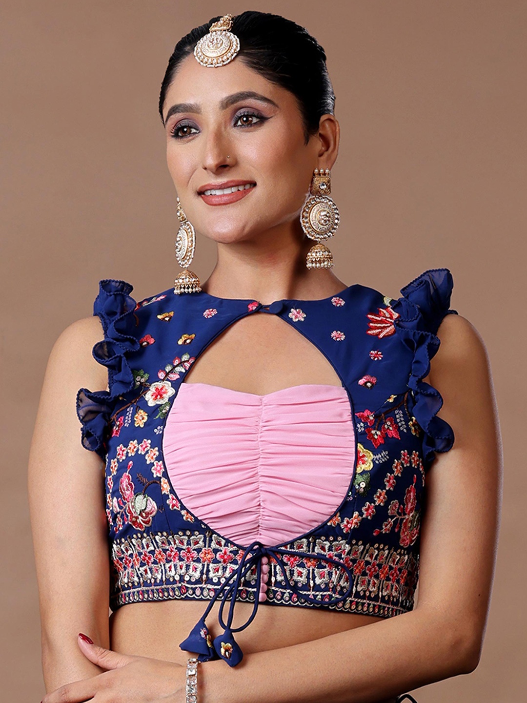 

Ethnovog Embroidered Thread Work Ruched Ready To Wear Saree Blouse, Blue