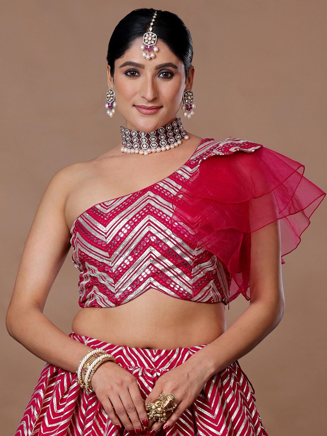 

Ethnovog Embroidered One Shoulder Sequinned Georgette Ready To Wear Saree Blouse, Pink