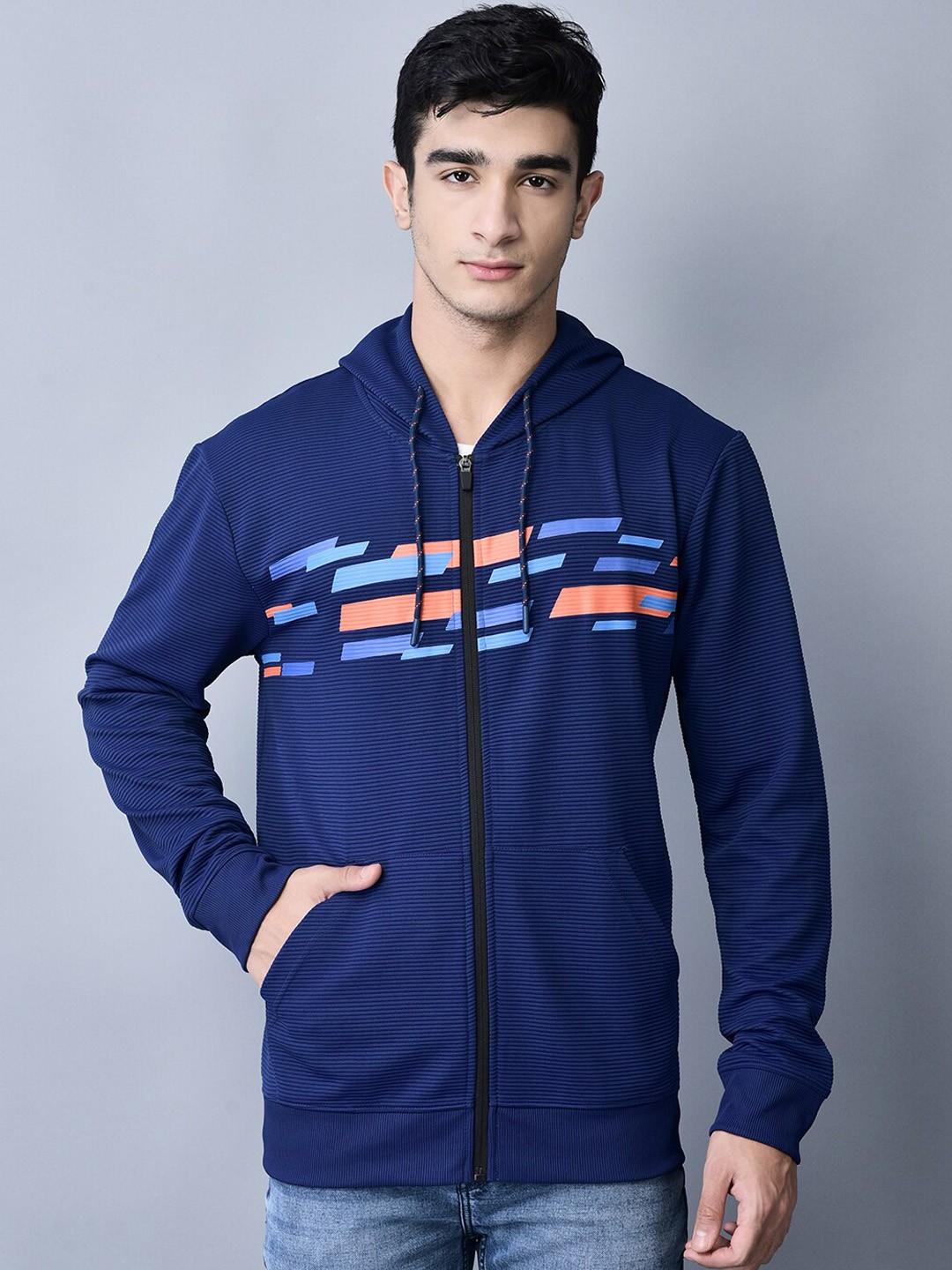 

Shiv Naresh Geometric Printed Hooded Lightweight Sporty Jacket, Navy blue