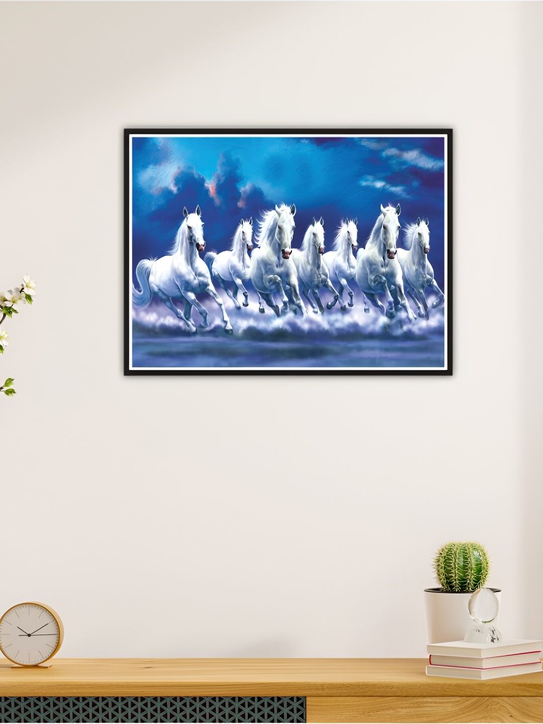 CVANU Blue & White Running Horses Printed Self-Adhesive Wall Sticker