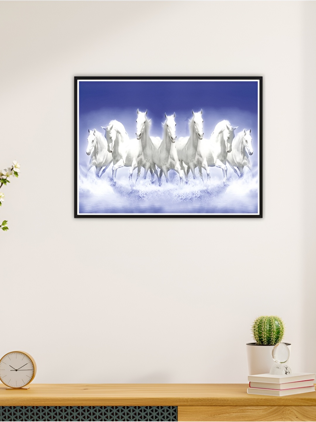 CVANU Blue & White Running Horses Printed Self-Adhesive Wall Sticker