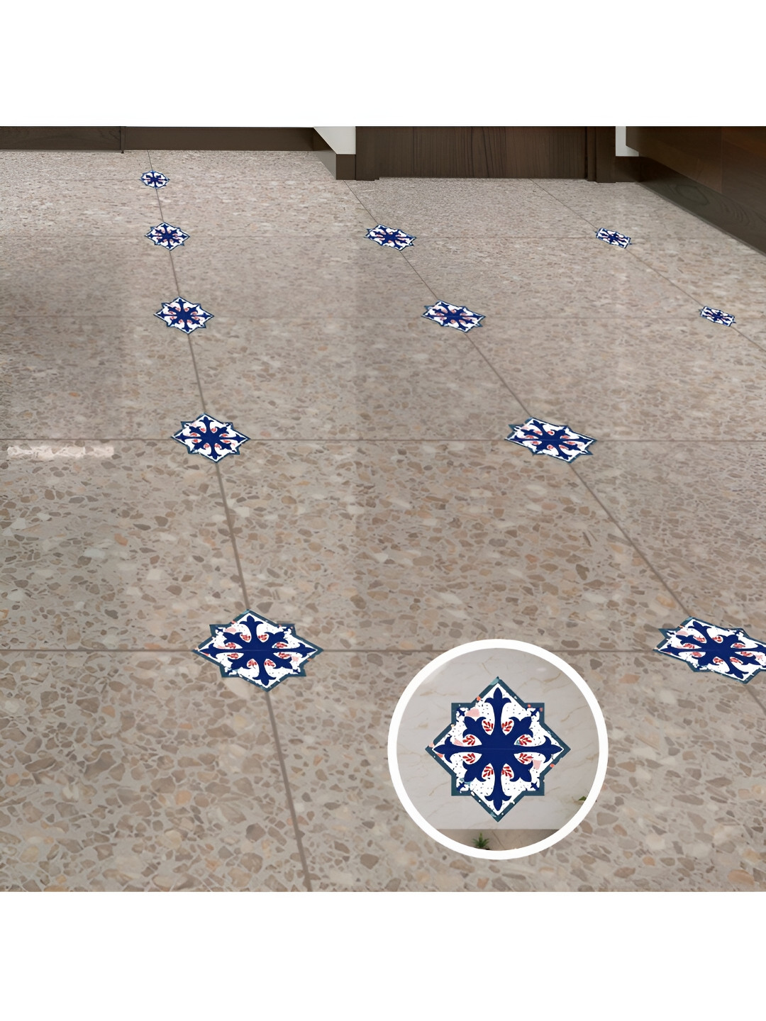 

CVANU White & Blue 100 Pcs Floral Printed Self Adhesive Floor Stickers