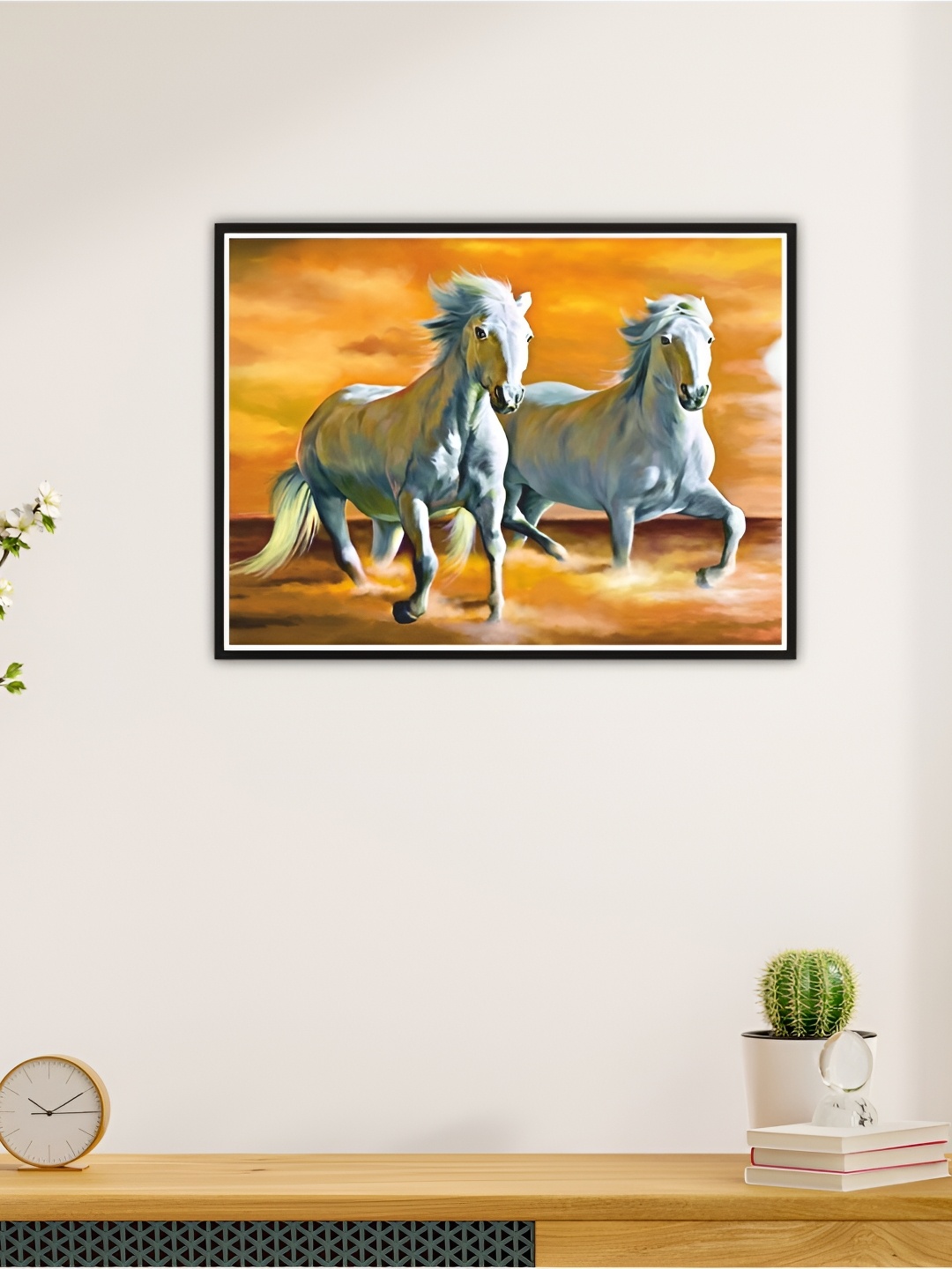 CVANU Orange-Coloured & White Running Horses Printed Self-Adhesive Wall Sticker