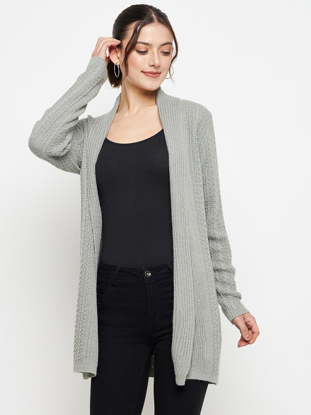 

CREATIVE LINE Self Design Knitted Longline Woolen Shrug, Grey