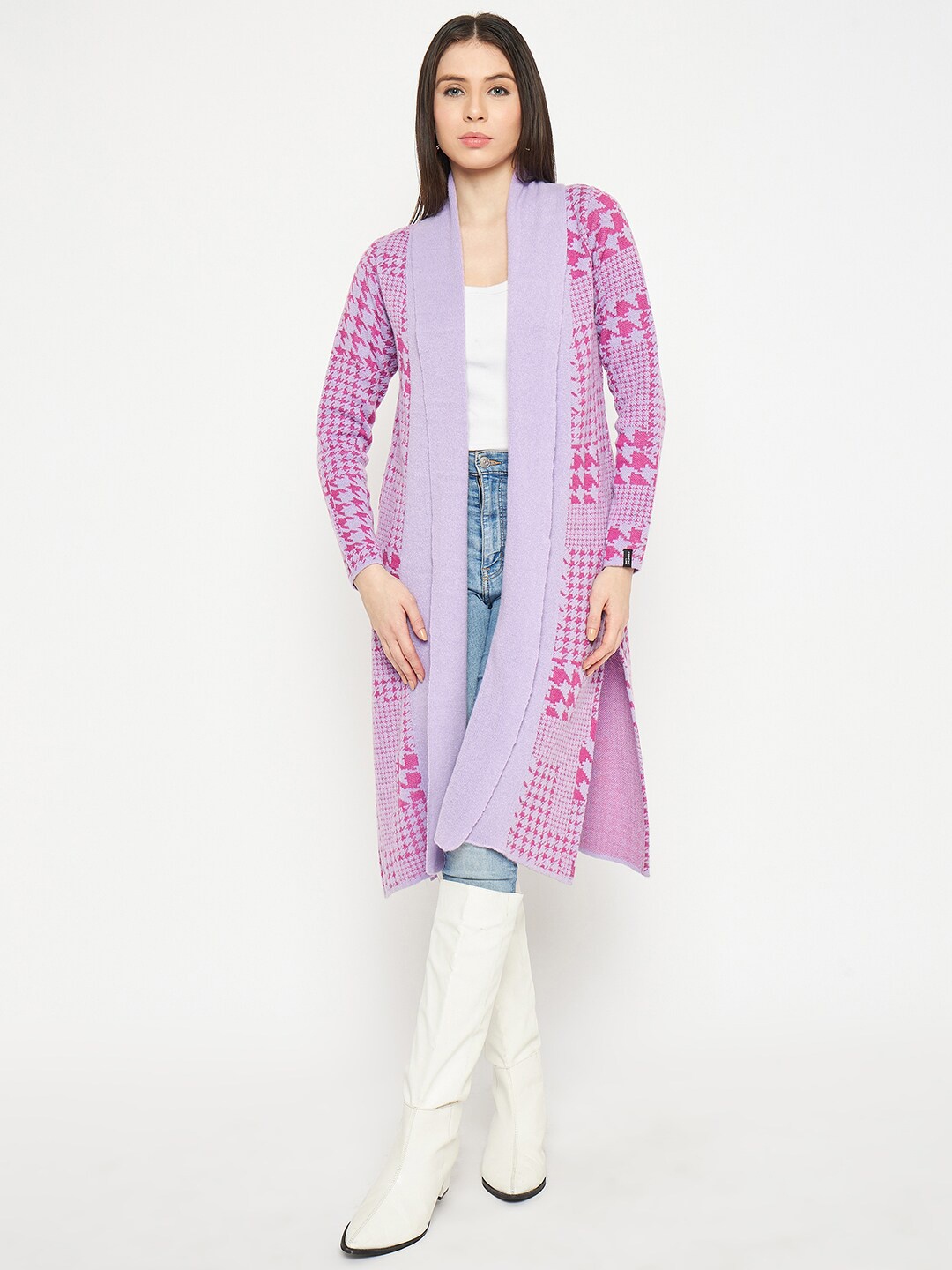 

CREATIVE LINE Geometric Self Design Longline Woolen Shrug, Lavender