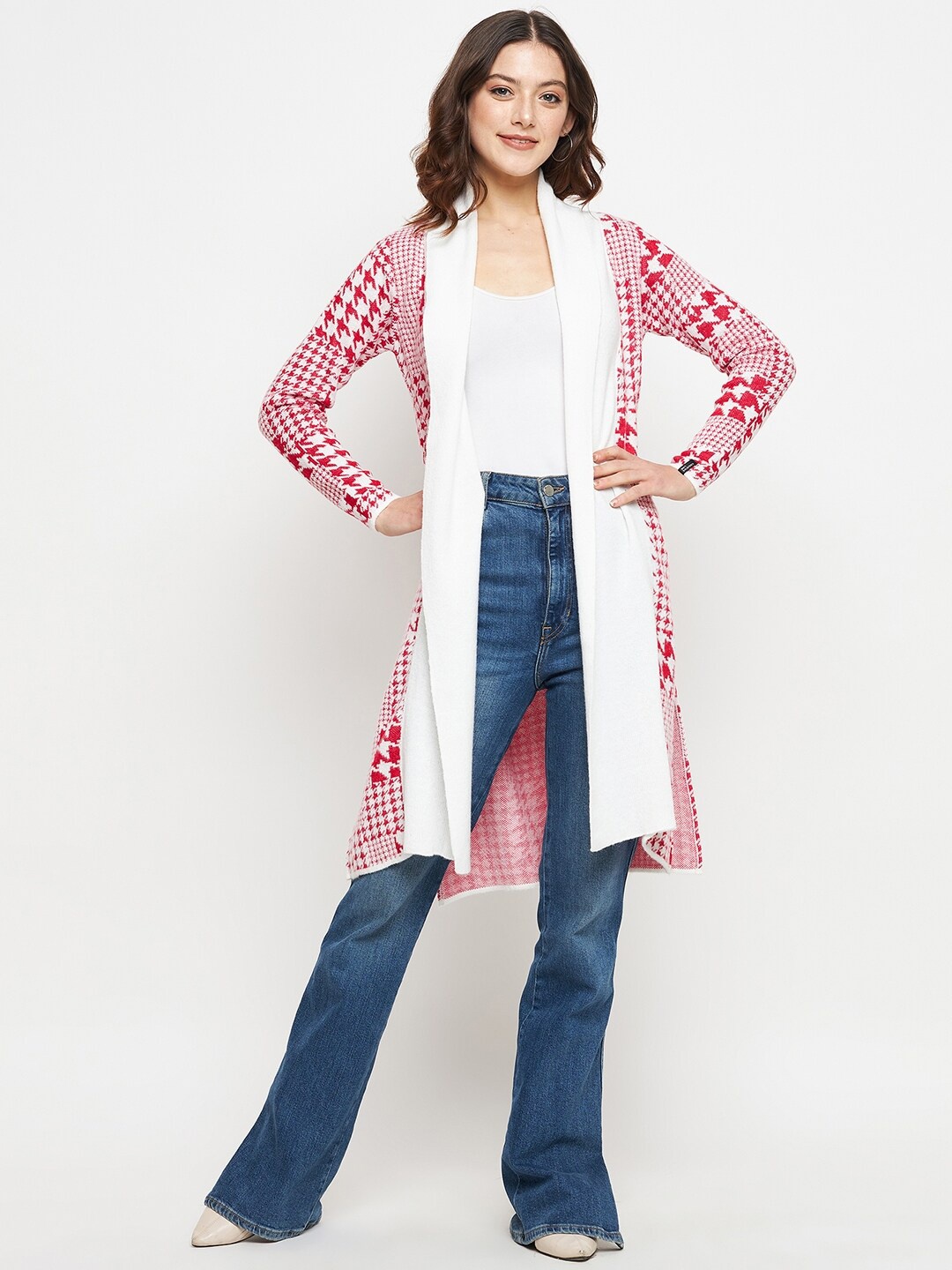 

CREATIVE LINE Geometric Self Design Longline Woolen Shrug, Red